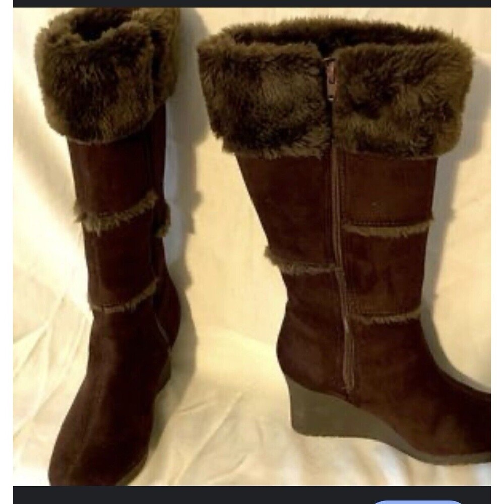 Decree Womens Boots 8.5M Knee High Brown Zip Up Round Toe Wedge 3" Heel